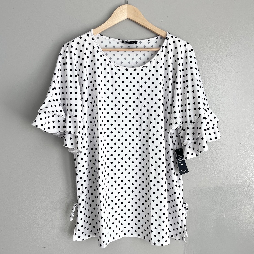Robert Louis Polka Dot Blouse Top Flutter Sleeves Side Ties White Black 1X NWT